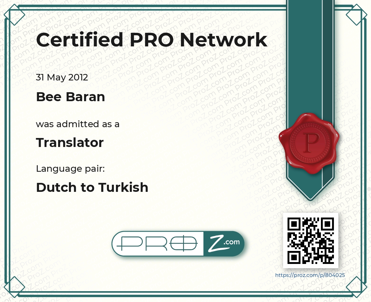 ProZ.com Certified PRO Certificate - Dutch to Turkish